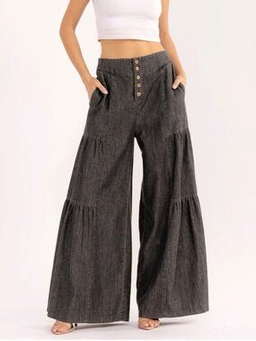 A319. Wide Leg Tiered Palazzo  Pants - Charcoal Gray